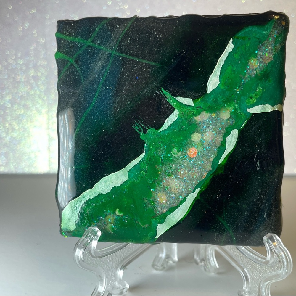 Green Abstract Art Blacklight Resin